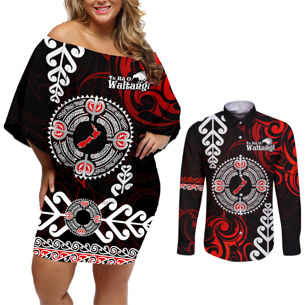 New Zealand Waitangi Day Personalised Couples Matching Off Shoulder Short Dress and Long Sleeve Button Shirt Aotearoa Te Ra O Waitangi With Maori Tattoo LT9 Red - Polynesian Pride