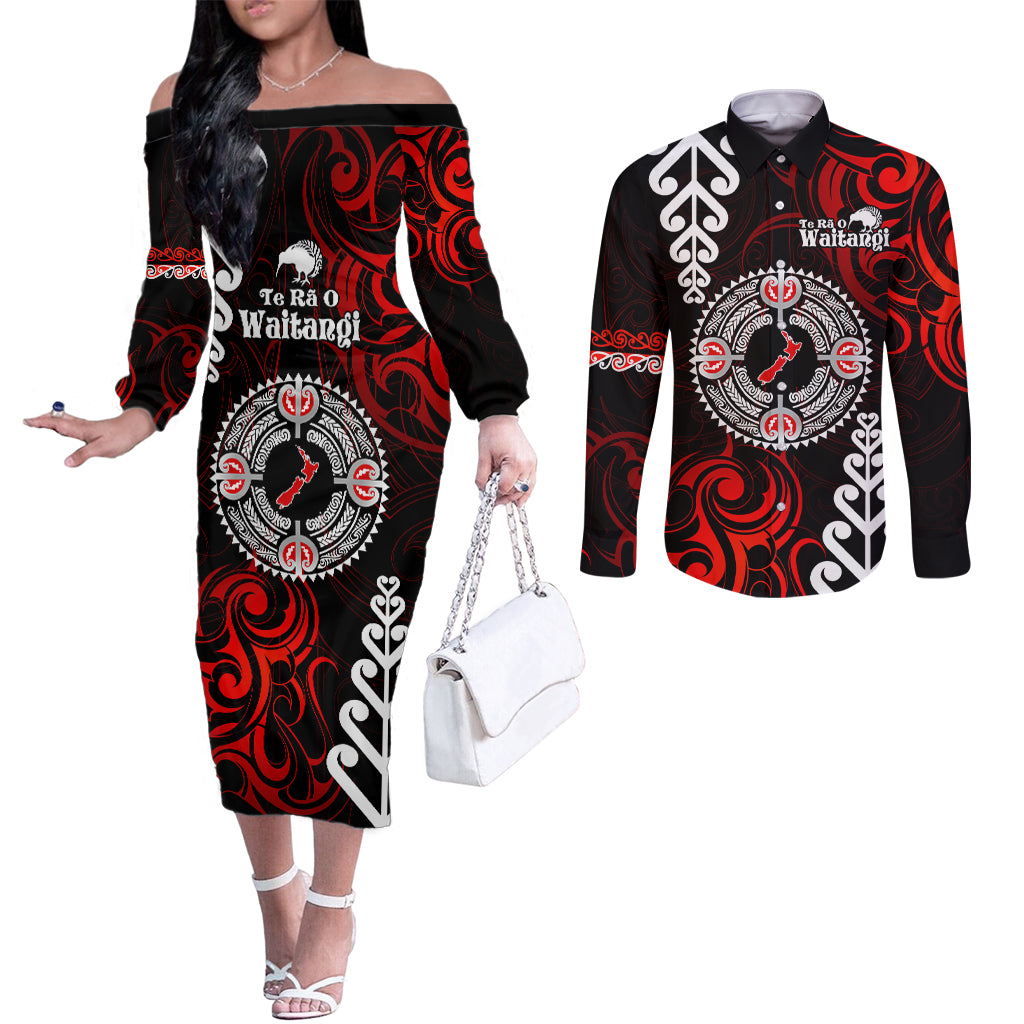 New Zealand Waitangi Day Personalised Couples Matching Off The Shoulder Long Sleeve Dress and Long Sleeve Button Shirt Aotearoa Te Ra O Waitangi With Maori Tattoo LT9 Red - Polynesian Pride