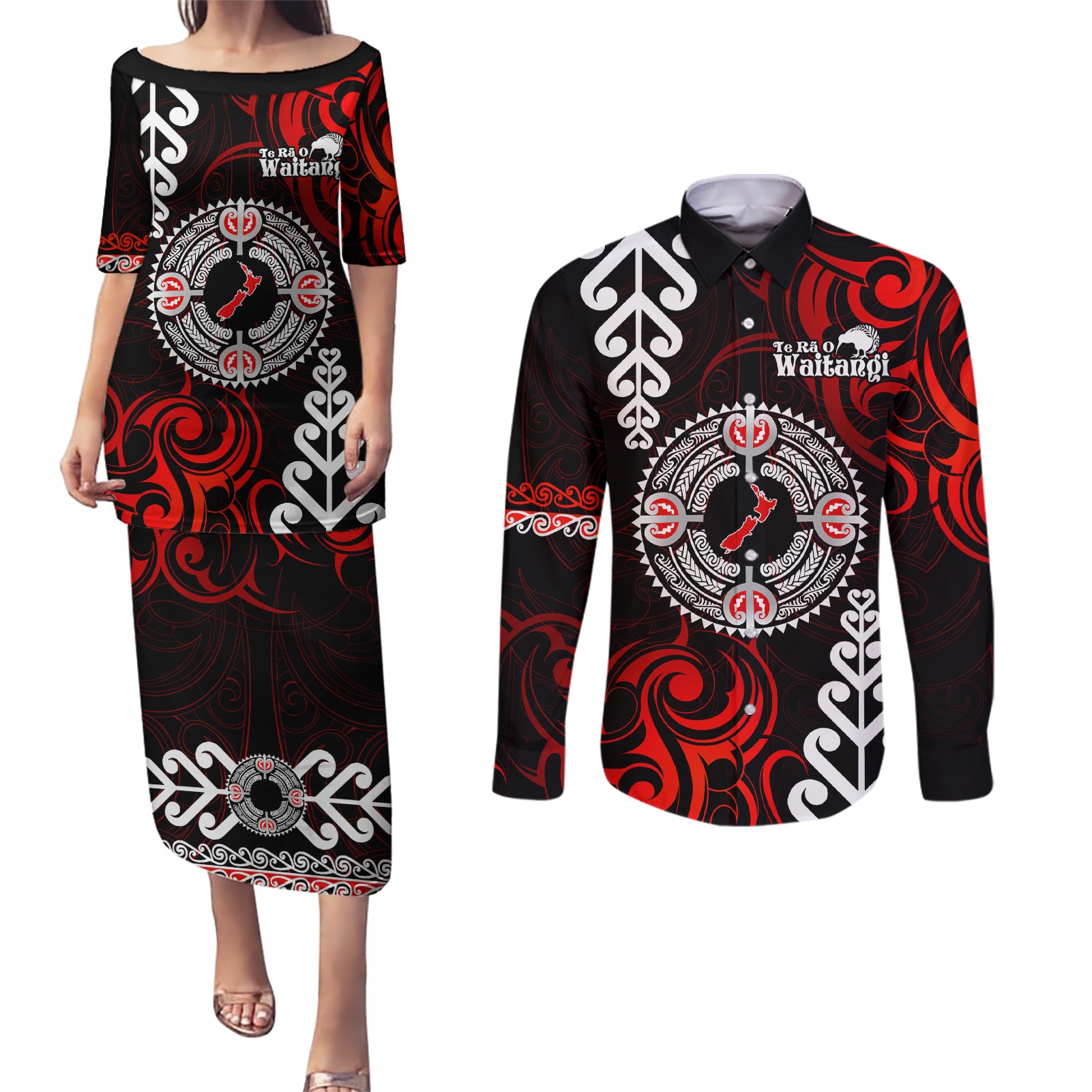 New Zealand Waitangi Day Personalised Couples Matching Puletasi and Long Sleeve Button Shirt Aotearoa Te Ra O Waitangi With Maori Tattoo LT9 Red - Polynesian Pride