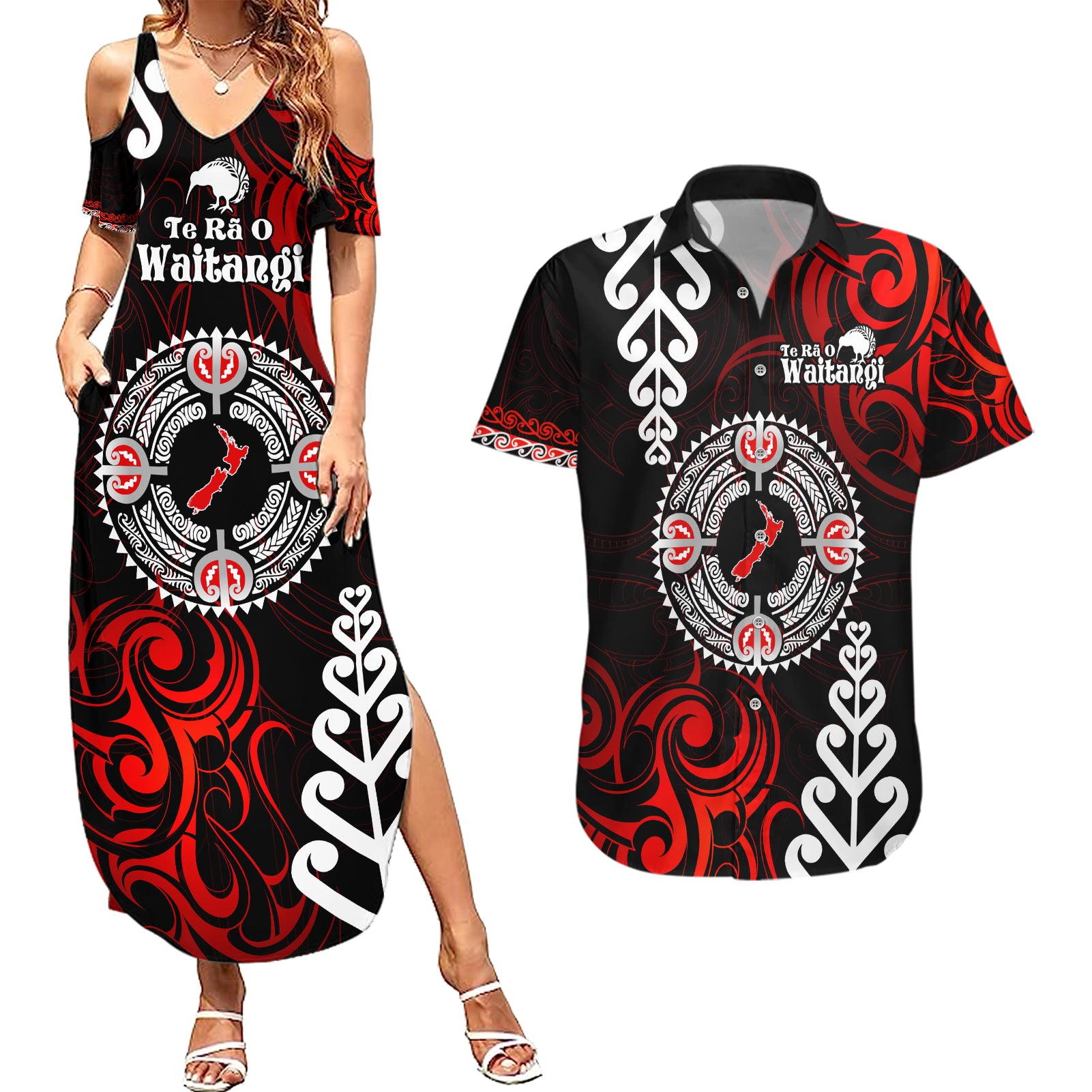 New Zealand Waitangi Day Personalised Couples Matching Summer Maxi Dress and Hawaiian Shirt Aotearoa Te Ra O Waitangi With Maori Tattoo LT9 Red - Polynesian Pride