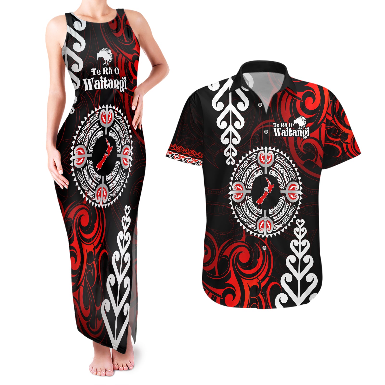 New Zealand Waitangi Day Personalised Couples Matching Tank Maxi Dress and Hawaiian Shirt Aotearoa Te Ra O Waitangi With Maori Tattoo LT9 Red - Polynesian Pride