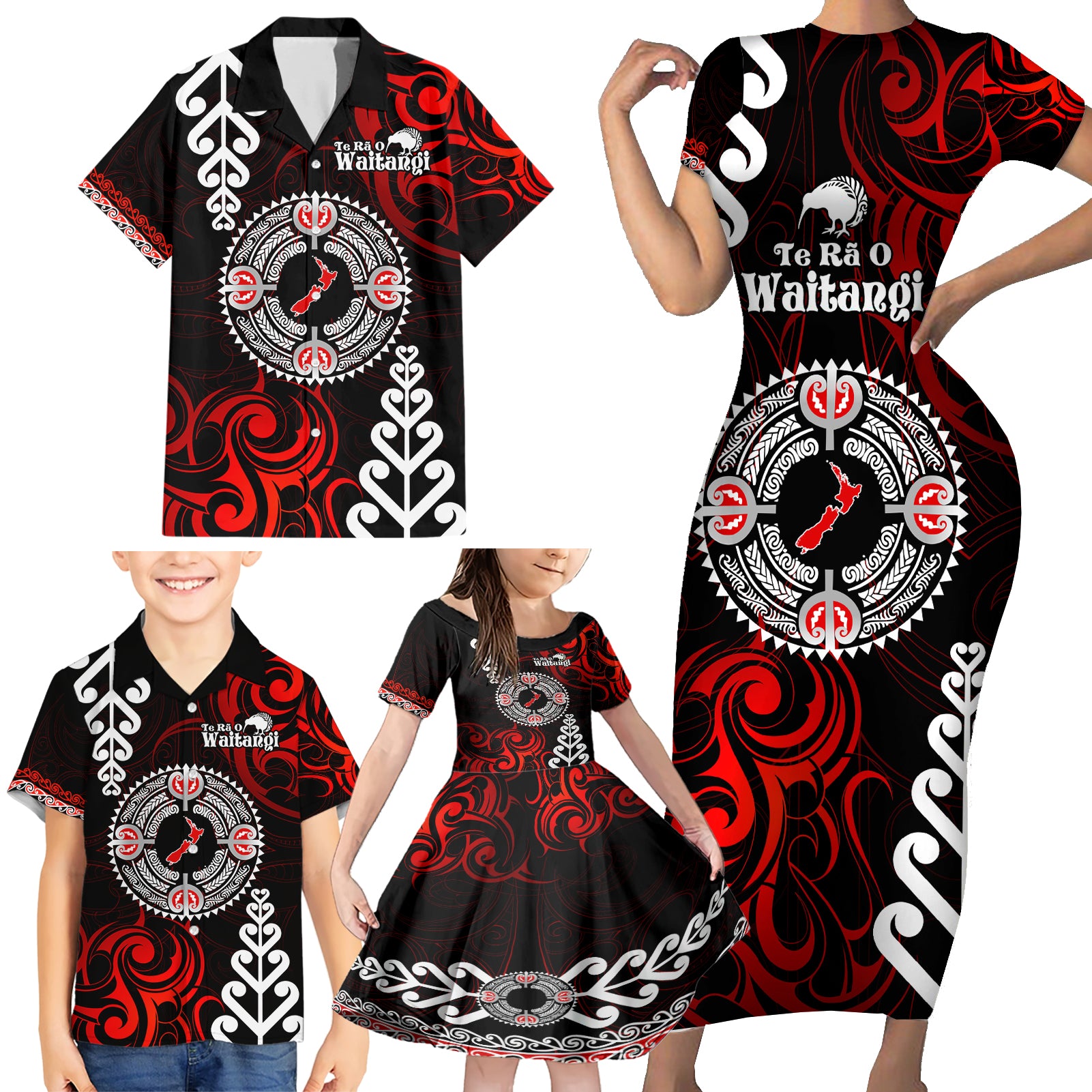 New Zealand Waitangi Day Personalised Family Matching Short Sleeve Bodycon Dress and Hawaiian Shirt Aotearoa Te Ra O Waitangi With Maori Tattoo LT9 - Polynesian Pride