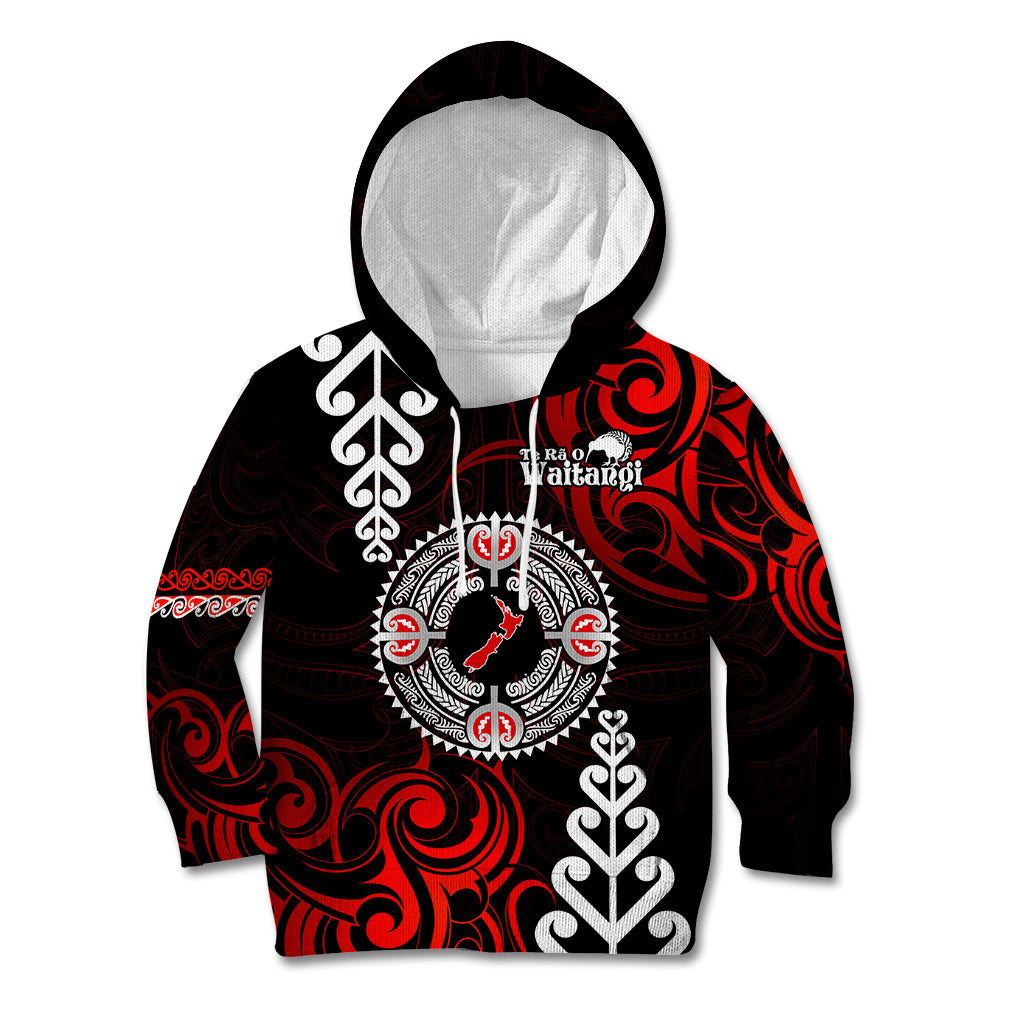 New Zealand Waitangi Day Personalised Kid Hoodie Aotearoa Te Ra O Waitangi With Maori Tattoo LT9 Hoodie Red - Polynesian Pride