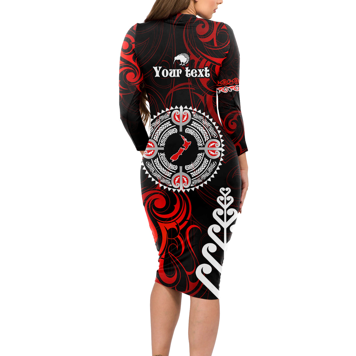 New Zealand Waitangi Day Personalised Long Sleeve Bodycon Dress Aotearoa Te Ra O Waitangi With Maori Tattoo LT9 - Polynesian Pride