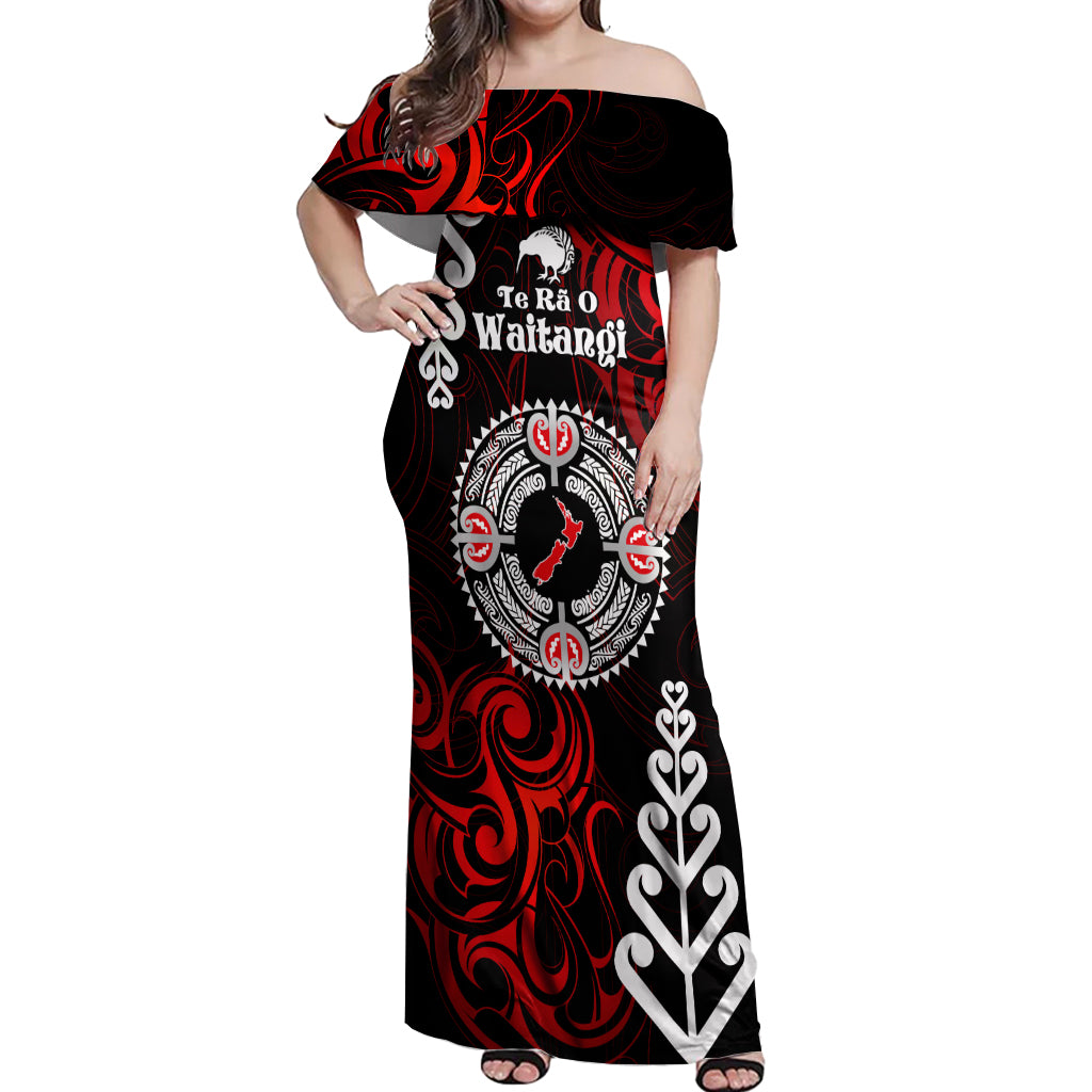 New Zealand Waitangi Day Personalised Off Shoulder Maxi Dress Aotearoa Te Ra O Waitangi With Maori Tattoo LT9 Women Red - Polynesian Pride