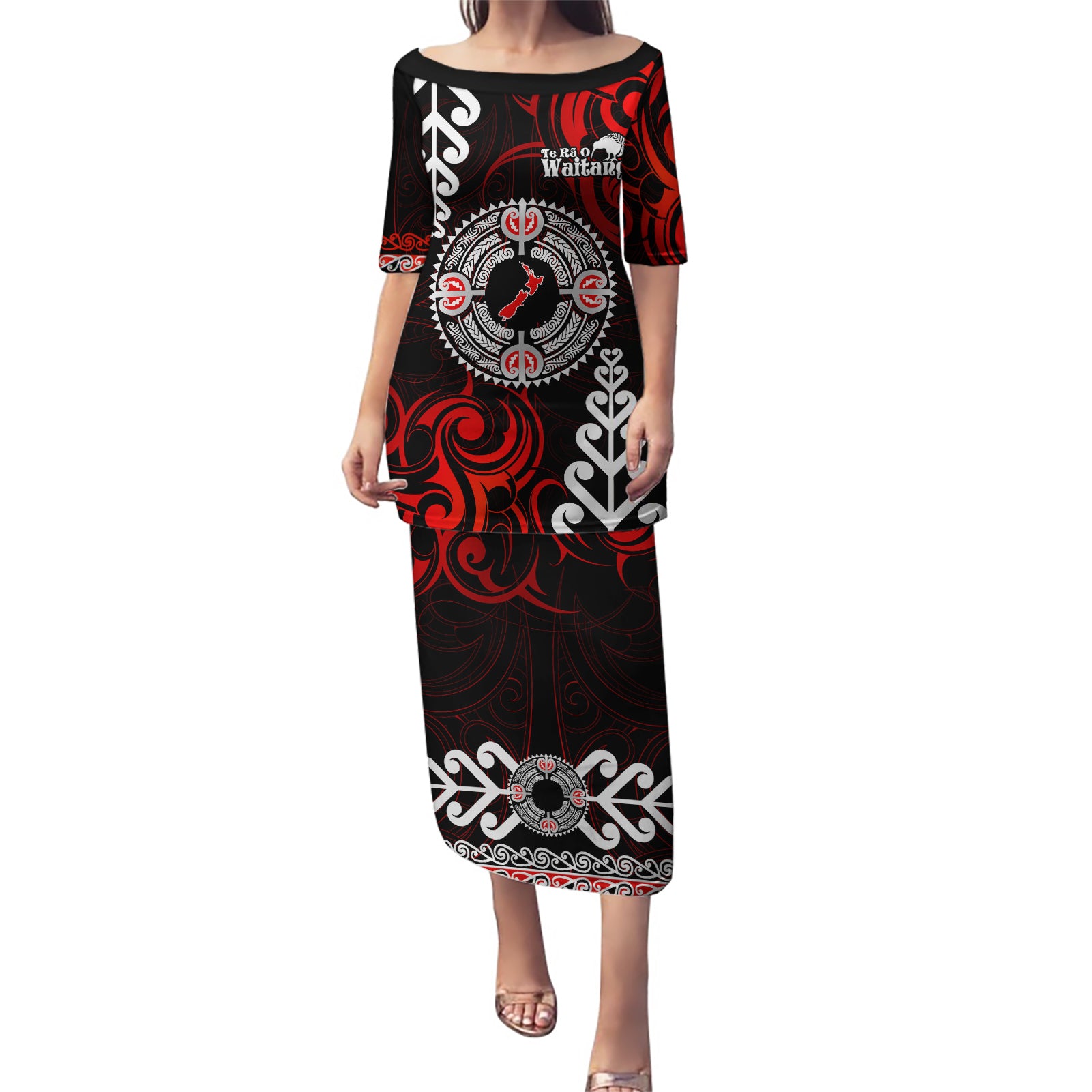 New Zealand Waitangi Day Personalised Puletasi Aotearoa Te Ra O Waitangi With Maori Tattoo LT9 Long Dress Red - Polynesian Pride