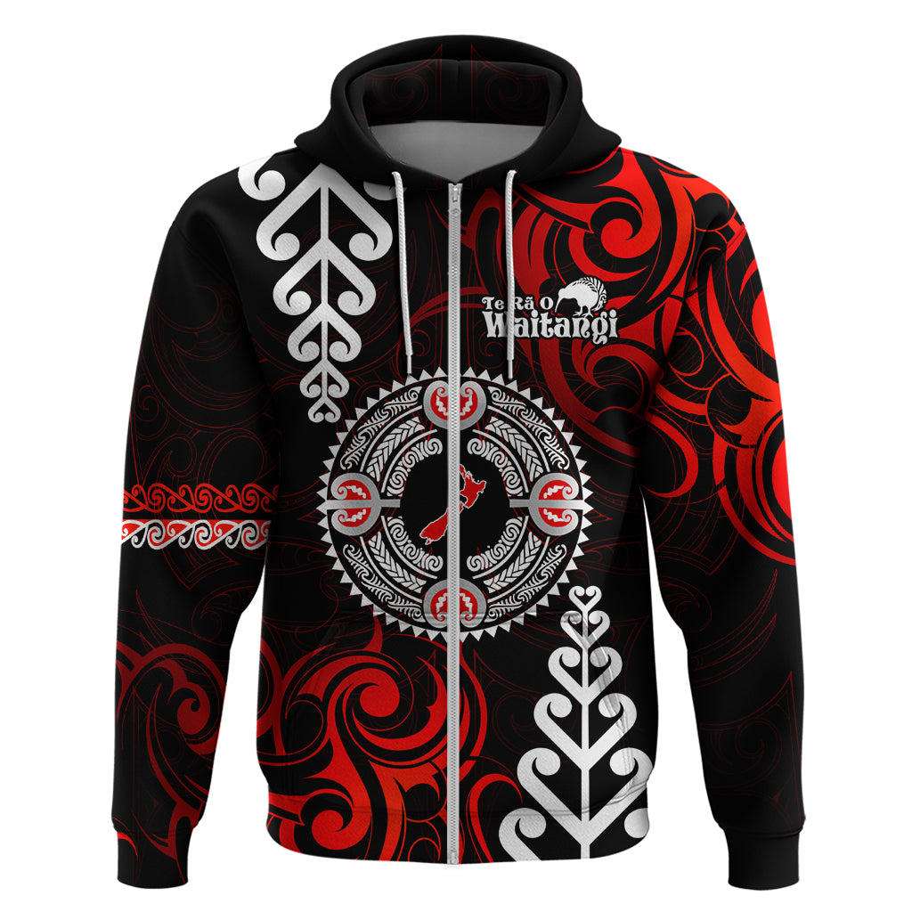 New Zealand Waitangi Day Personalised Zip Hoodie Aotearoa Te Ra O Waitangi With Maori Tattoo LT9 Zip Hoodie Red - Polynesian Pride