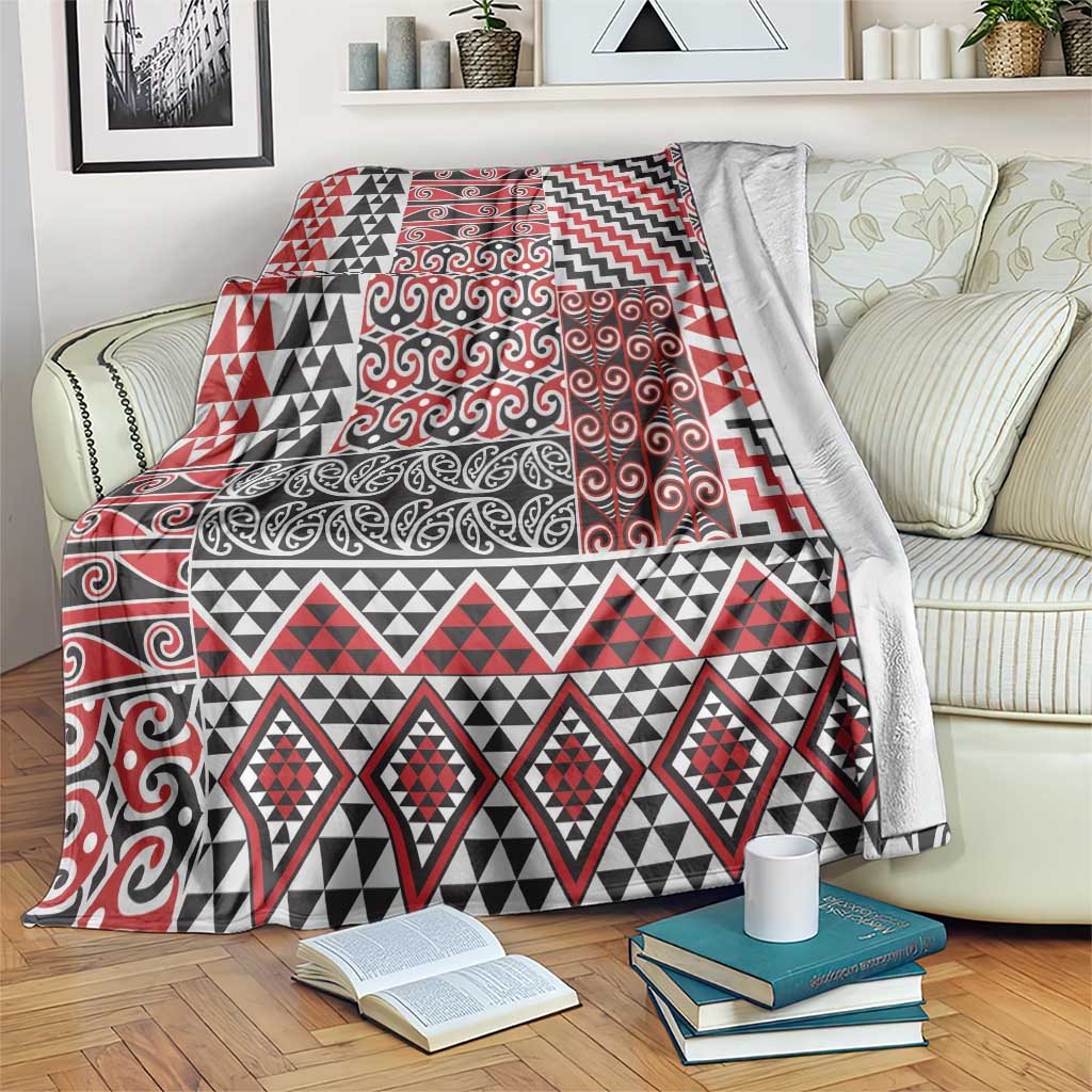Aotearoa Kowhaiwhai Taniko Patchwork Motifs Blanket LT9 Red - Polynesian Pride