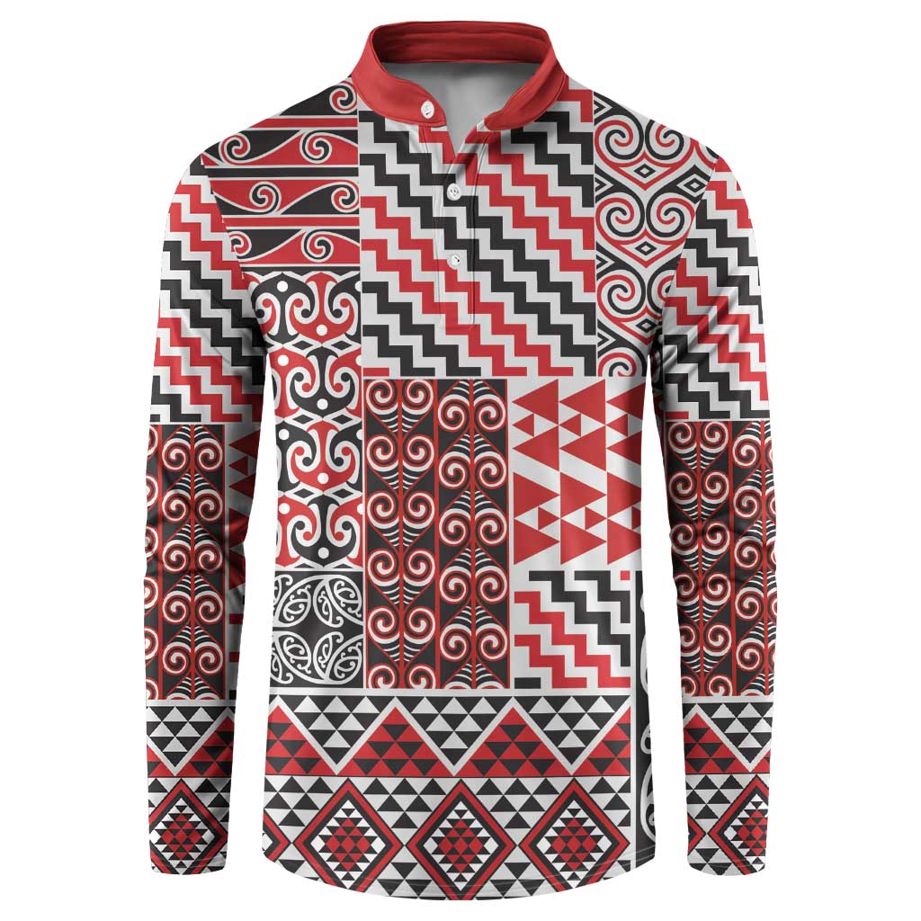 Aotearoa Kowhaiwhai Taniko Patchwork Motifs Button Sweatshirt LT9 Red - Polynesian Pride