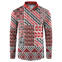 Aotearoa Kowhaiwhai Taniko Patchwork Motifs Button Sweatshirt LT9 Red - Polynesian Pride