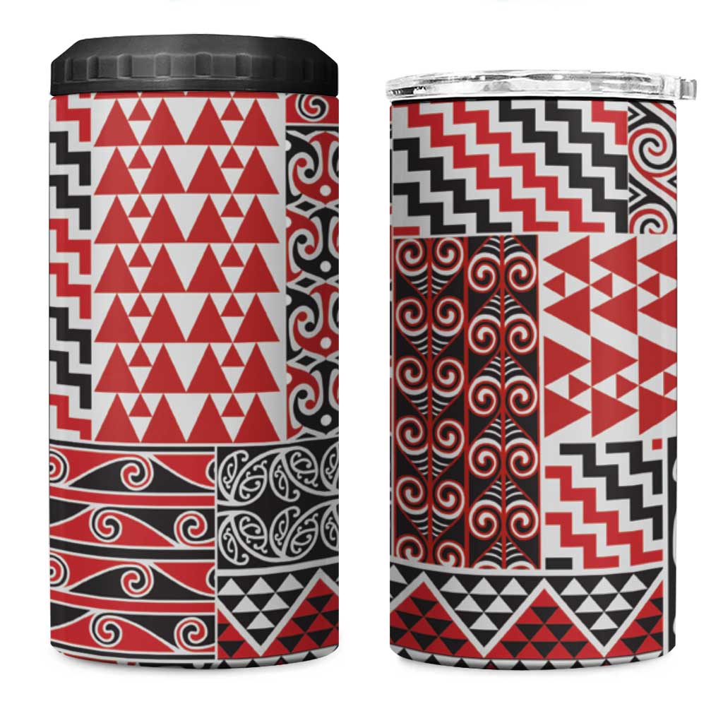 Aotearoa Kowhaiwhai Taniko Patchwork Motifs 4 in 1 Can Cooler Tumbler LT9 One Size: 16 oz Red - Polynesian Pride