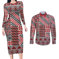Aotearoa Kowhaiwhai Taniko Patchwork Motifs Couples Matching Long Sleeve Bodycon Dress and Long Sleeve Button Shirt LT9 Red - Polynesian Pride
