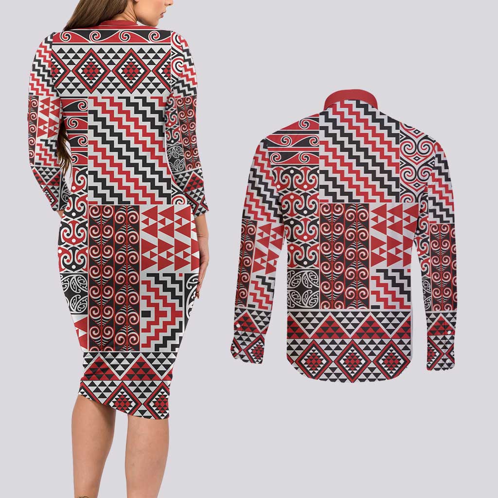 Aotearoa Kowhaiwhai Taniko Patchwork Motifs Couples Matching Long Sleeve Bodycon Dress and Long Sleeve Button Shirt LT9 - Polynesian Pride