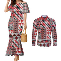 Aotearoa Kowhaiwhai Taniko Patchwork Motifs Couples Matching Mermaid Dress and Long Sleeve Button Shirt LT9 Red - Polynesian Pride