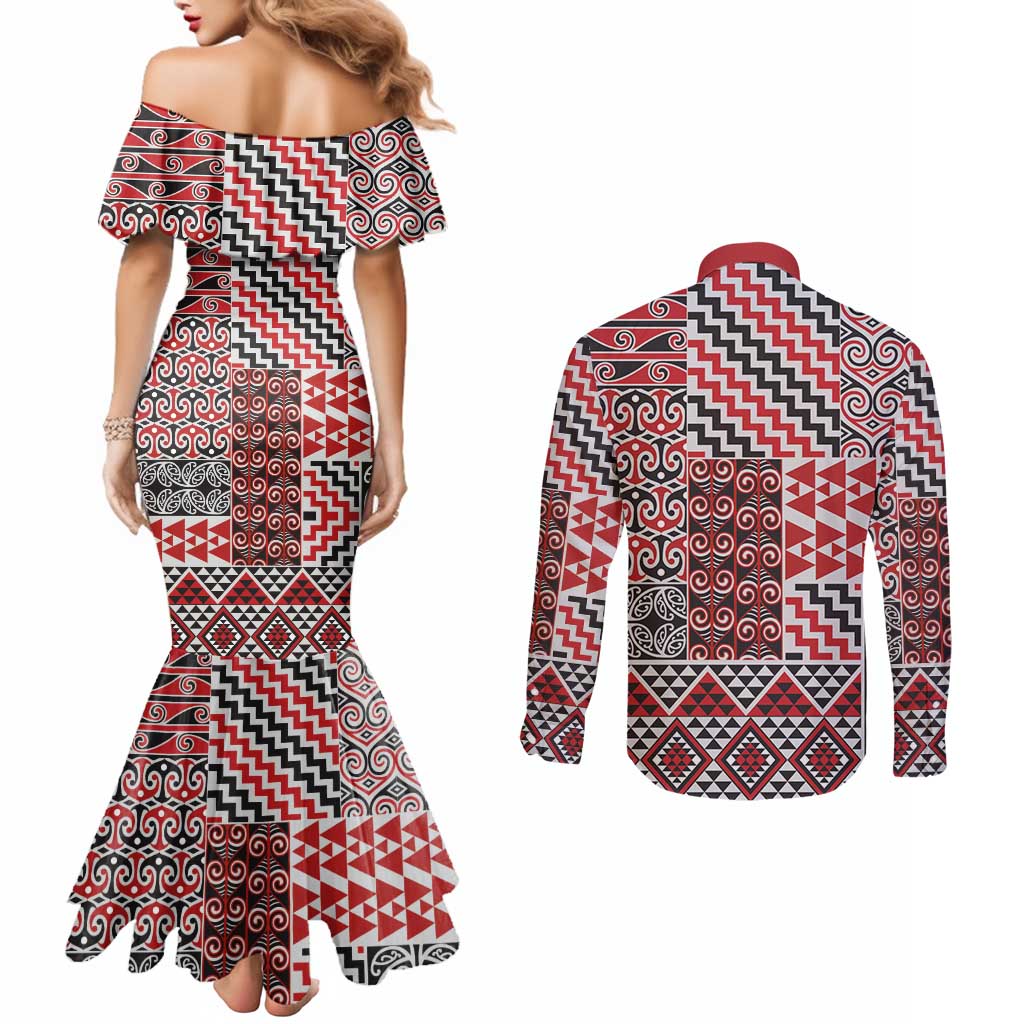 Aotearoa Kowhaiwhai Taniko Patchwork Motifs Couples Matching Mermaid Dress and Long Sleeve Button Shirt LT9 - Polynesian Pride