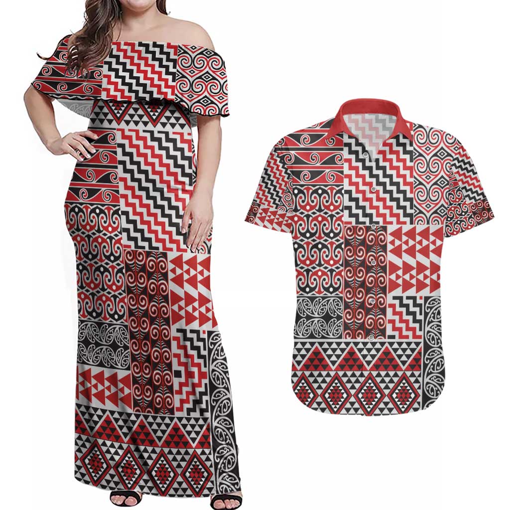 Aotearoa Kowhaiwhai Taniko Patchwork Motifs Couples Matching Off Shoulder Maxi Dress and Hawaiian Shirt LT9 Red - Polynesian Pride