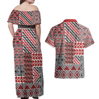 Aotearoa Kowhaiwhai Taniko Patchwork Motifs Couples Matching Off Shoulder Maxi Dress and Hawaiian Shirt LT9 - Polynesian Pride
