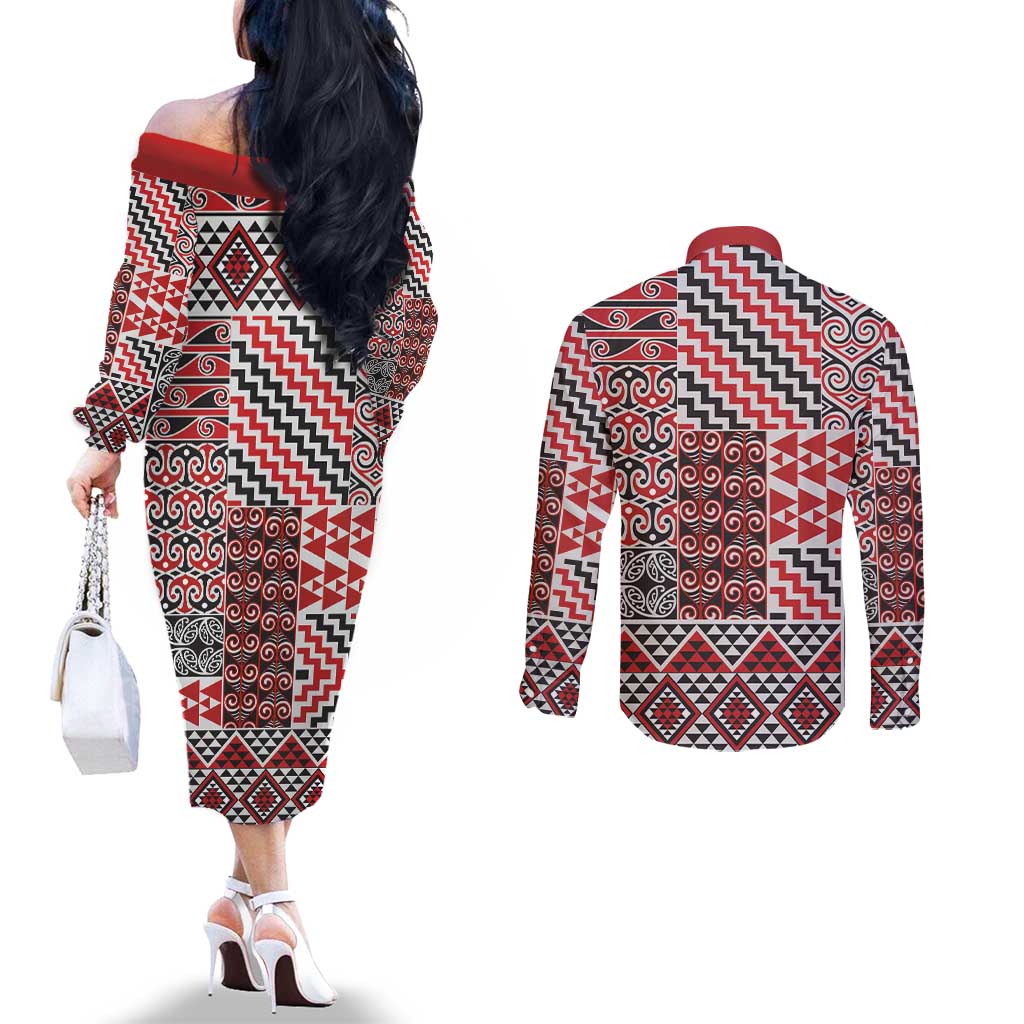 Aotearoa Kowhaiwhai Taniko Patchwork Motifs Couples Matching Off The Shoulder Long Sleeve Dress and Long Sleeve Button Shirt LT9 - Polynesian Pride