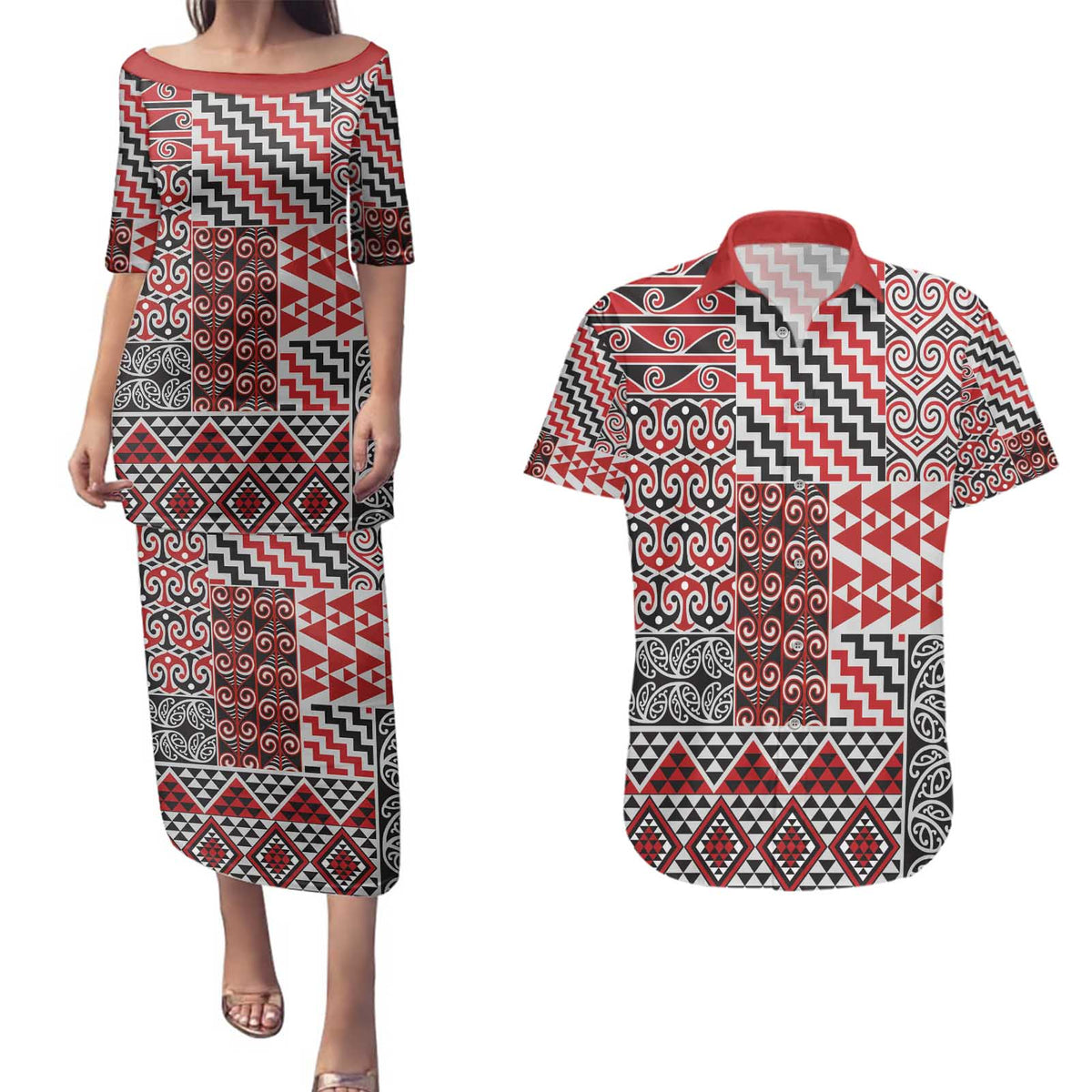 Aotearoa Kowhaiwhai Taniko Patchwork Motifs Couples Matching Puletasi and Hawaiian Shirt LT9 Red - Polynesian Pride