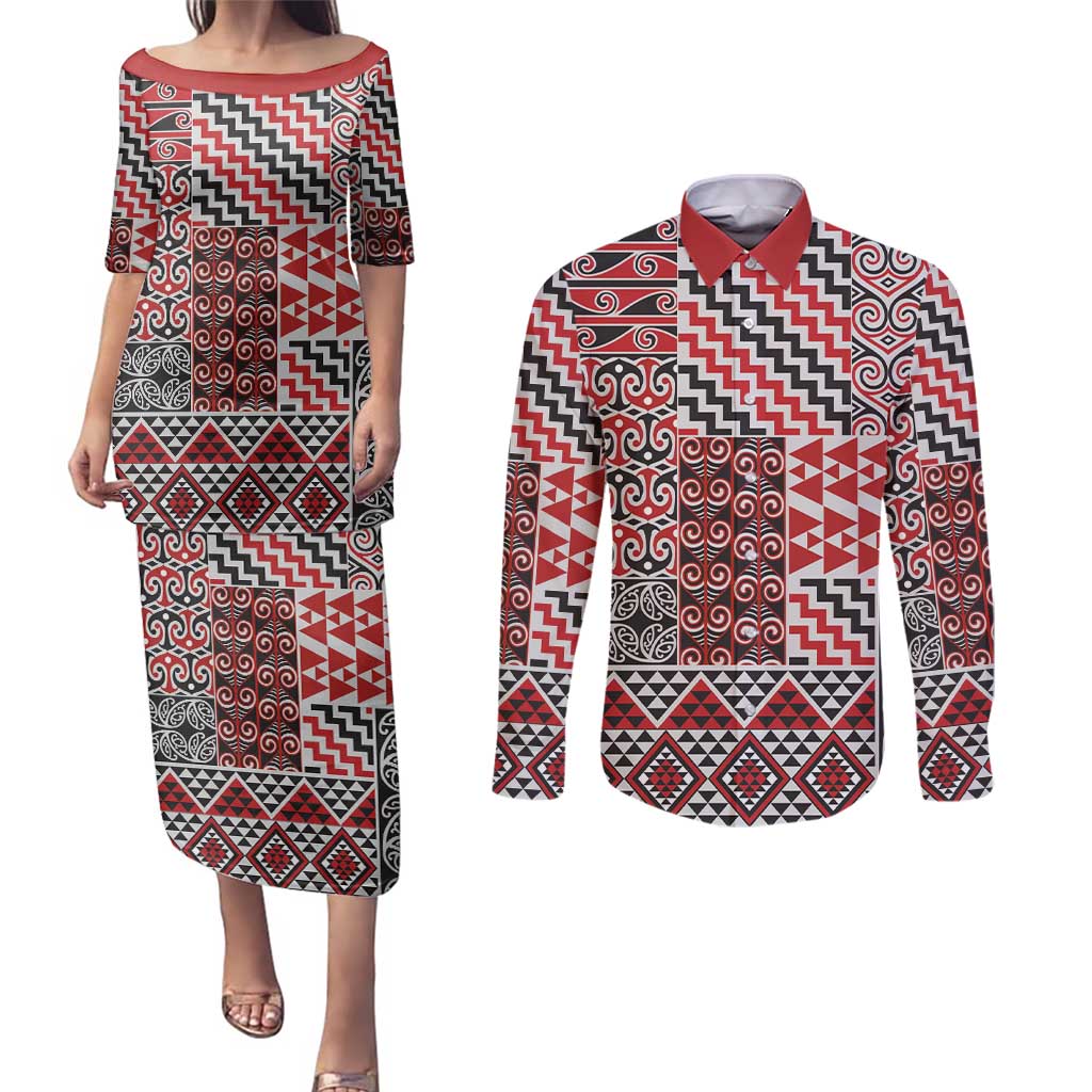 Aotearoa Kowhaiwhai Taniko Patchwork Motifs Couples Matching Puletasi and Long Sleeve Button Shirt LT9 Red - Polynesian Pride
