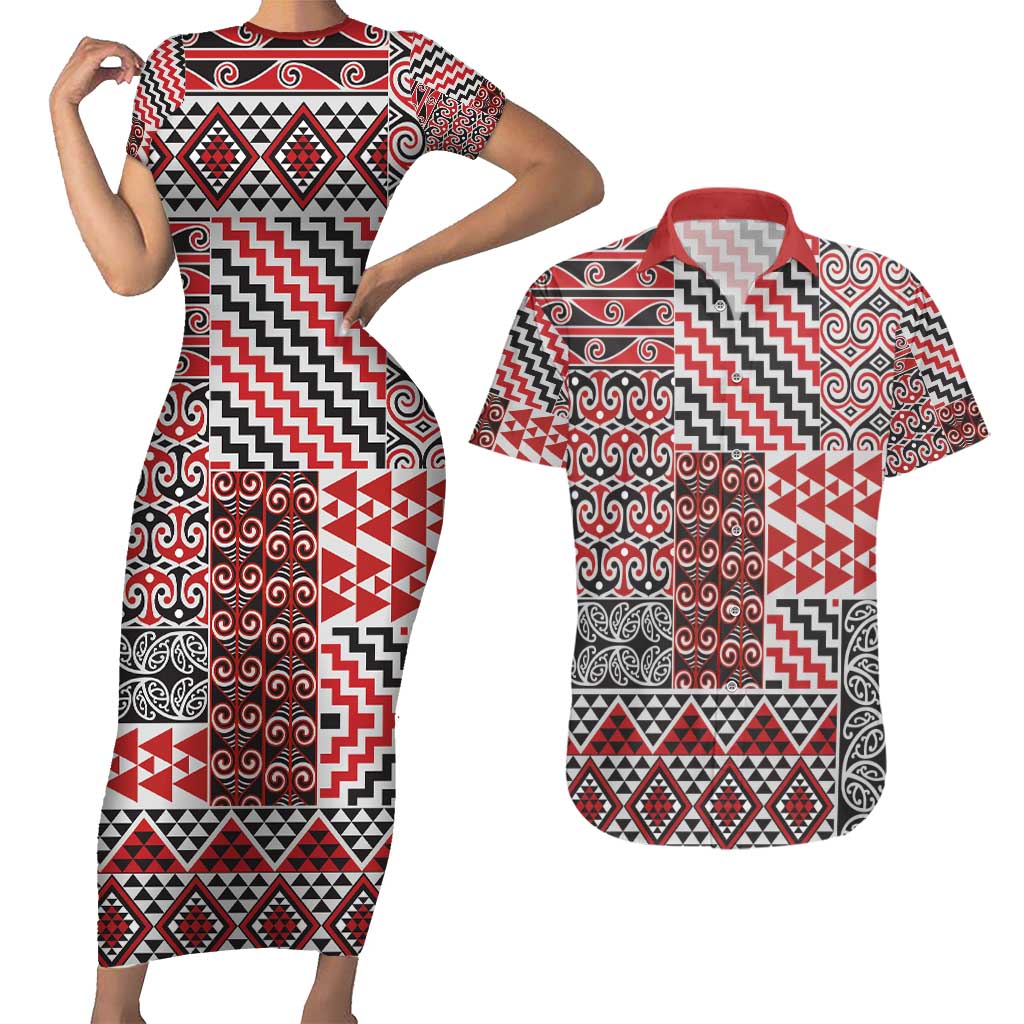 Aotearoa Kowhaiwhai Taniko Patchwork Motifs Couples Matching Short Sleeve Bodycon Dress and Hawaiian Shirt LT9 Red - Polynesian Pride