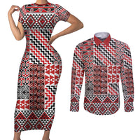 Aotearoa Kowhaiwhai Taniko Patchwork Motifs Couples Matching Short Sleeve Bodycon Dress and Long Sleeve Button Shirt LT9 Red - Polynesian Pride