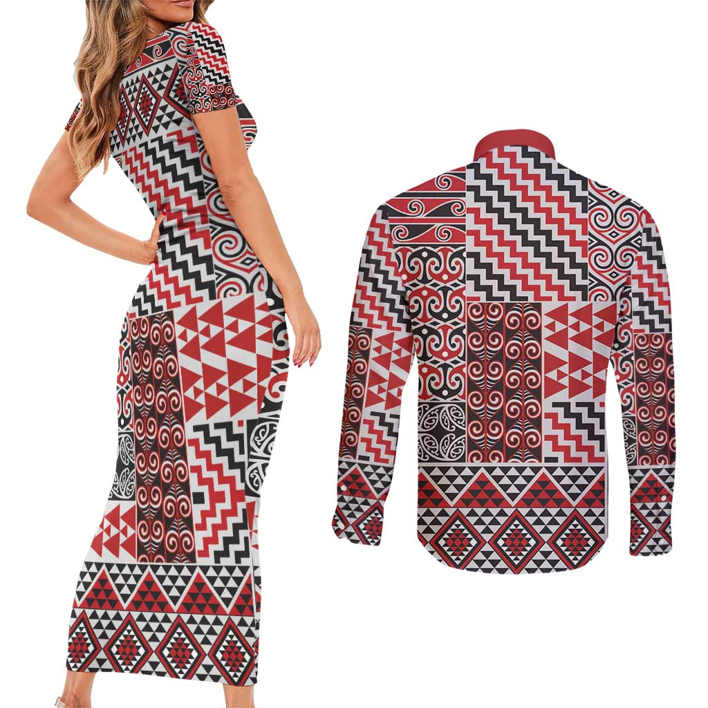 Aotearoa Kowhaiwhai Taniko Patchwork Motifs Couples Matching Short Sleeve Bodycon Dress and Long Sleeve Button Shirt LT9 - Polynesian Pride