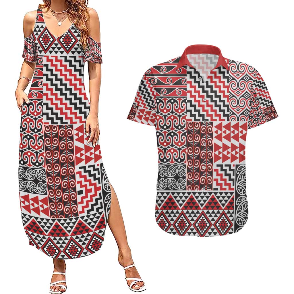 Aotearoa Kowhaiwhai Taniko Patchwork Motifs Couples Matching Summer Maxi Dress and Hawaiian Shirt LT9 Red - Polynesian Pride