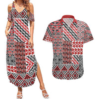 Aotearoa Kowhaiwhai Taniko Patchwork Motifs Couples Matching Summer Maxi Dress and Hawaiian Shirt LT9 Red - Polynesian Pride