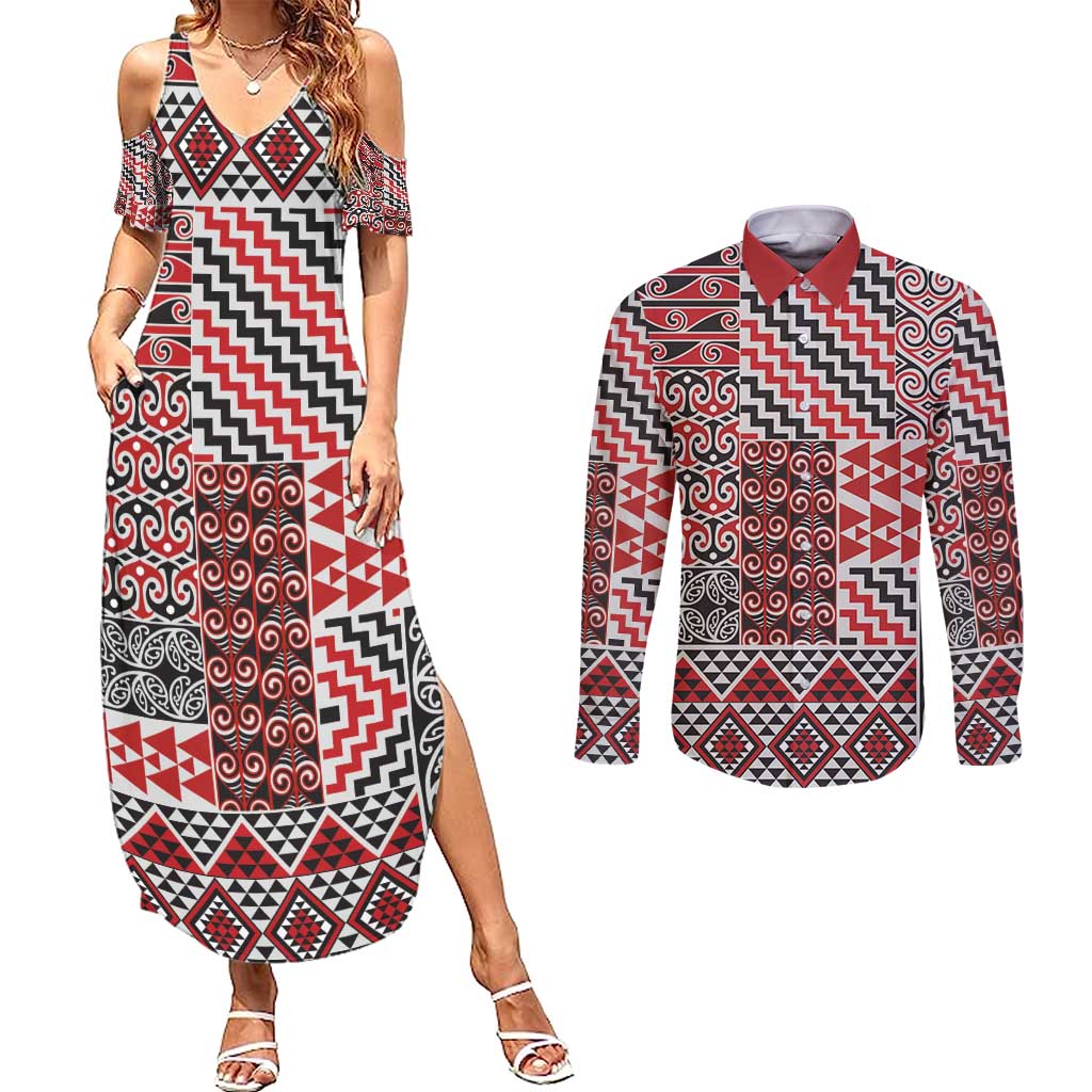 Aotearoa Kowhaiwhai Taniko Patchwork Motifs Couples Matching Summer Maxi Dress and Long Sleeve Button Shirt LT9 Red - Polynesian Pride