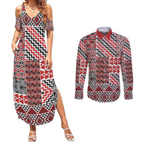 Aotearoa Kowhaiwhai Taniko Patchwork Motifs Couples Matching Summer Maxi Dress and Long Sleeve Button Shirt LT9 Red - Polynesian Pride