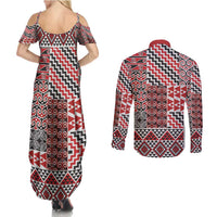 Aotearoa Kowhaiwhai Taniko Patchwork Motifs Couples Matching Summer Maxi Dress and Long Sleeve Button Shirt LT9 - Polynesian Pride