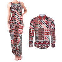 Aotearoa Kowhaiwhai Taniko Patchwork Motifs Couples Matching Tank Maxi Dress and Long Sleeve Button Shirt LT9 Red - Polynesian Pride