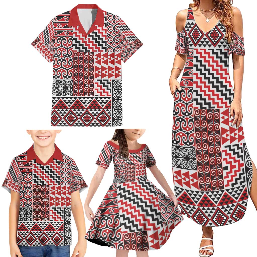 Aotearoa Kowhaiwhai Taniko Patchwork Motifs Family Matching Summer Maxi Dress and Hawaiian Shirt