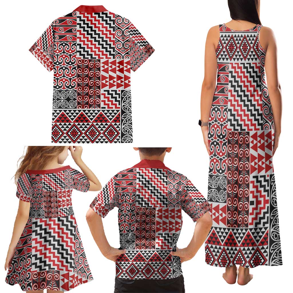 Aotearoa Kowhaiwhai Taniko Patchwork Motifs Family Matching Tank Maxi Dress and Hawaiian Shirt