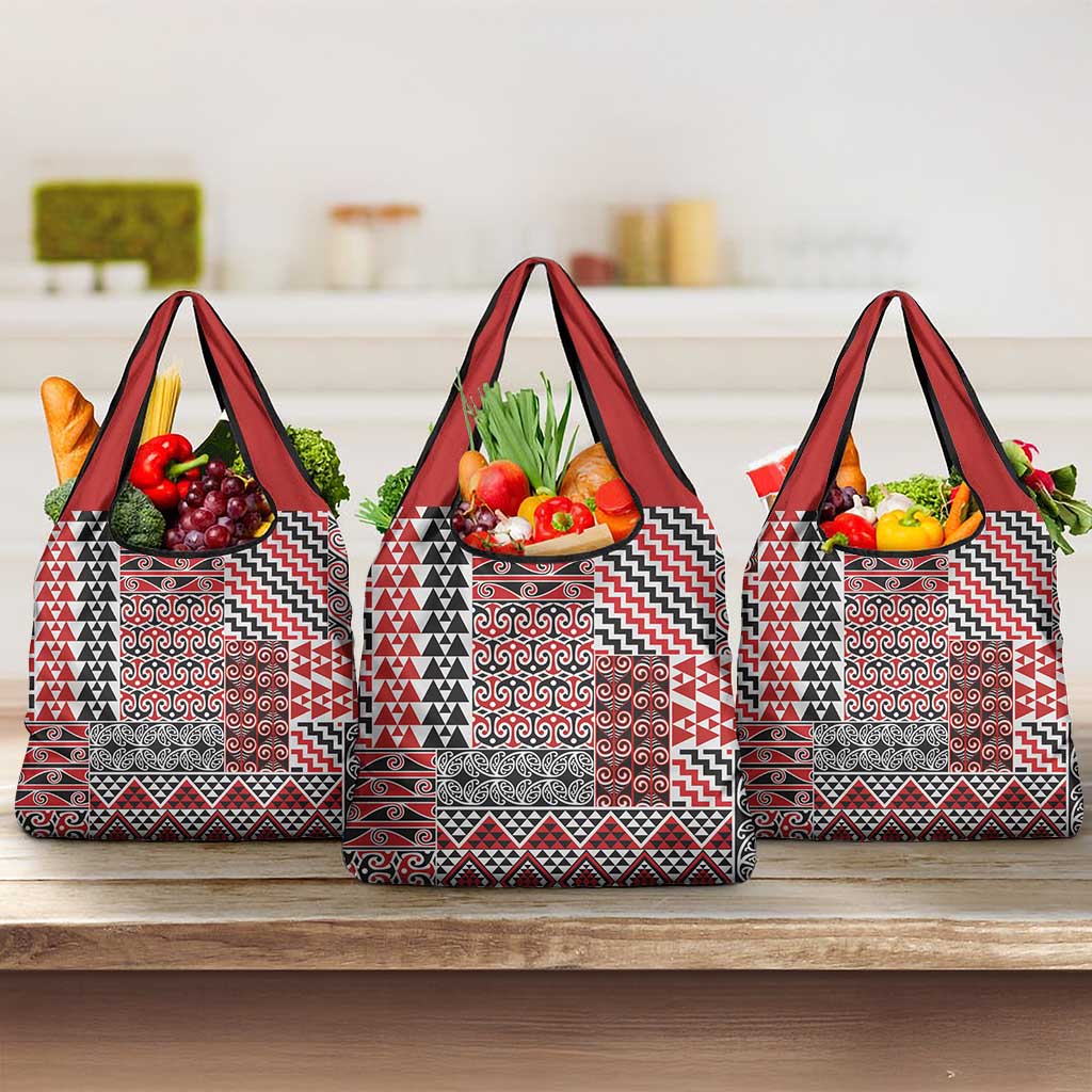 Aotearoa Kowhaiwhai Taniko Patchwork Motifs Grocery Bag LT9 3-pack One Size Red - Polynesian Pride