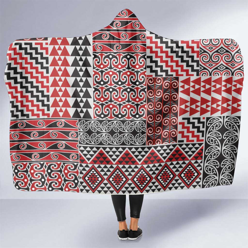 Aotearoa Kowhaiwhai Taniko Patchwork Motifs Hooded Blanket LT9 One Size Red - Polynesian Pride