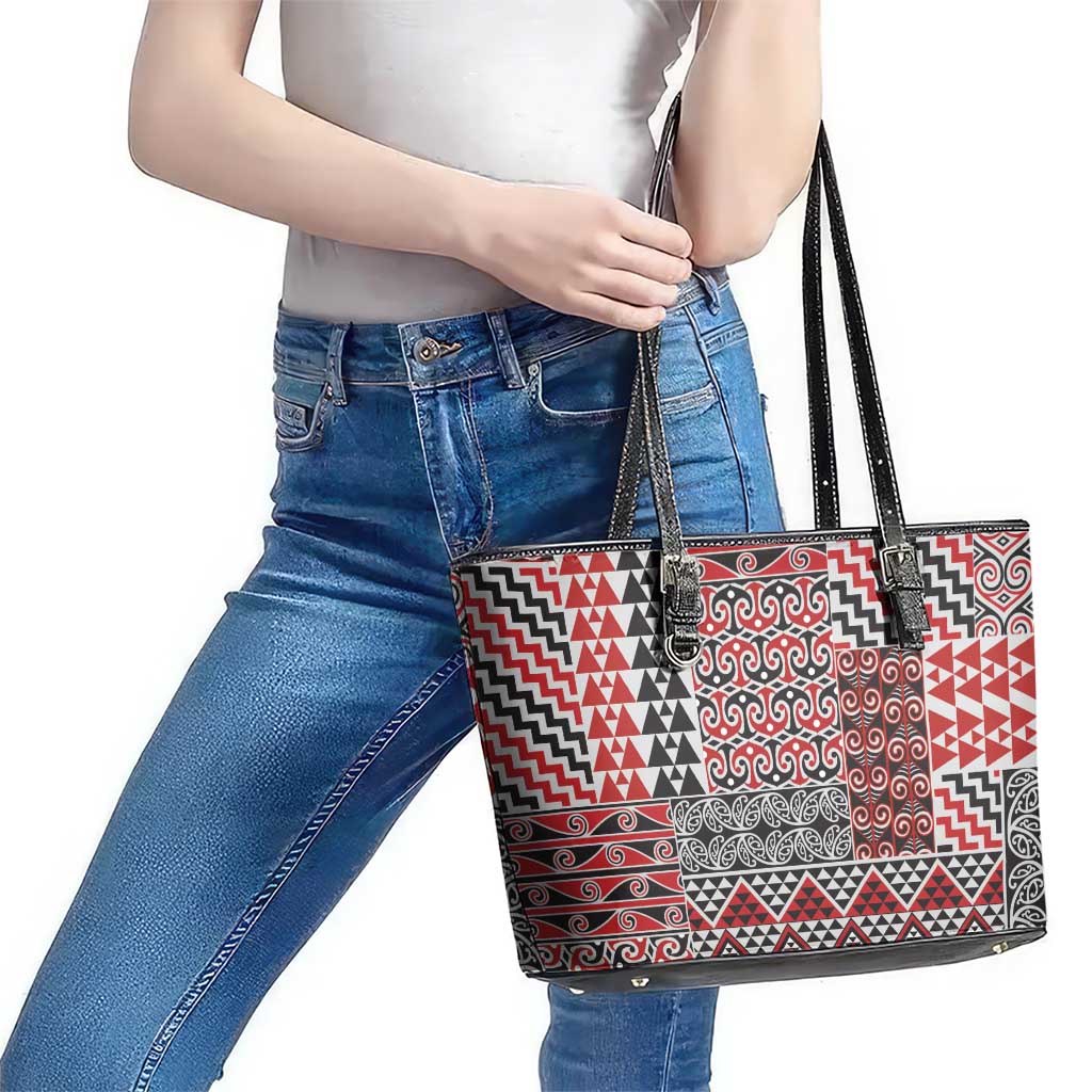Aotearoa Kowhaiwhai Taniko Patchwork Motifs Leather Tote Bag