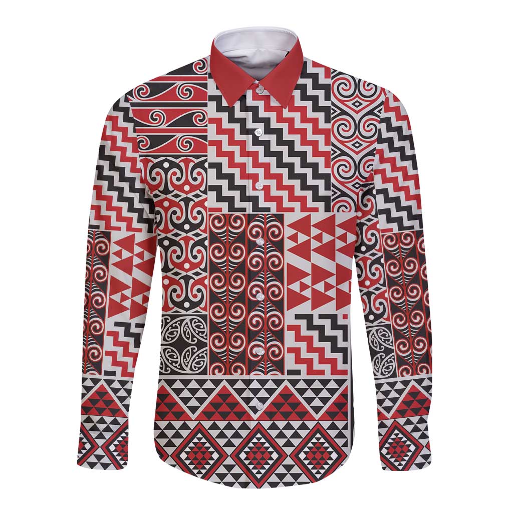 Aotearoa Kowhaiwhai Taniko Patchwork Motifs Long Sleeve Button Shirt LT9 Unisex Red - Polynesian Pride