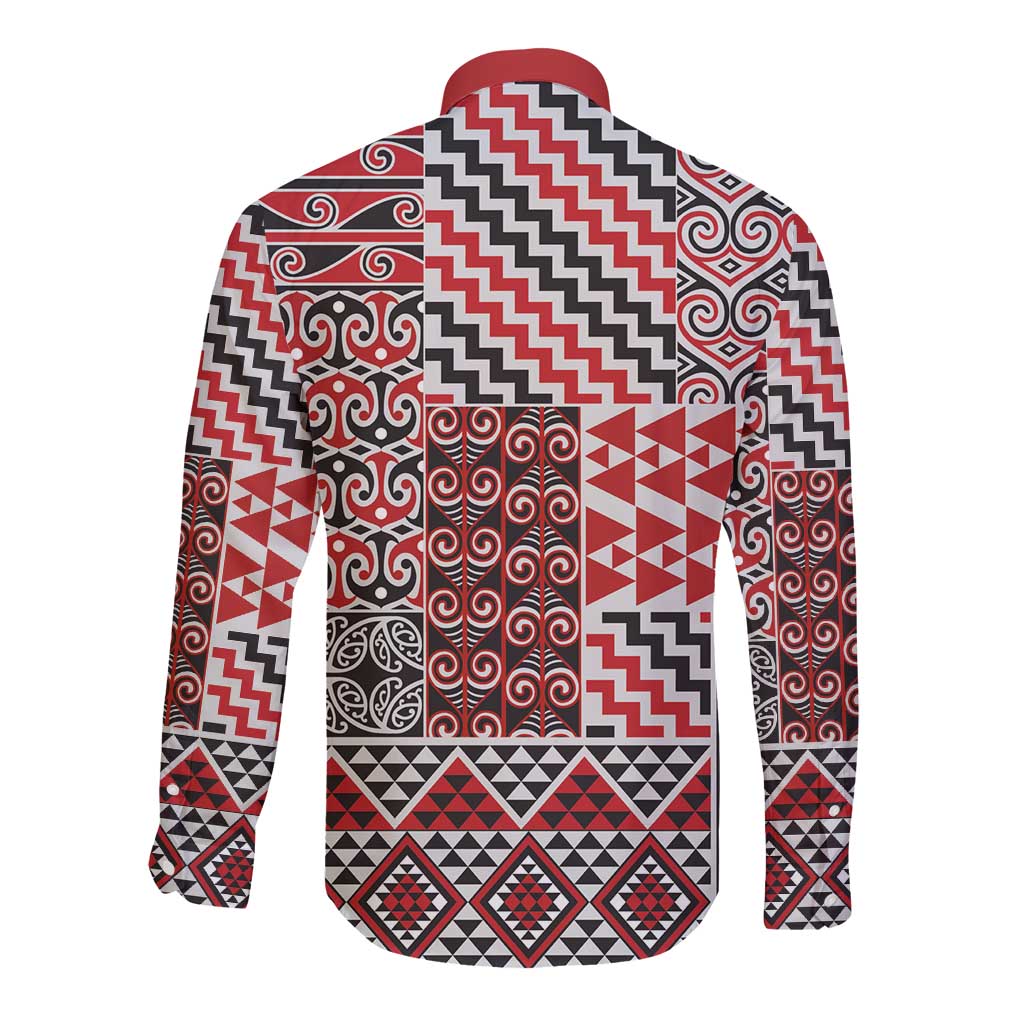 Aotearoa Kowhaiwhai Taniko Patchwork Motifs Long Sleeve Button Shirt LT9 - Polynesian Pride