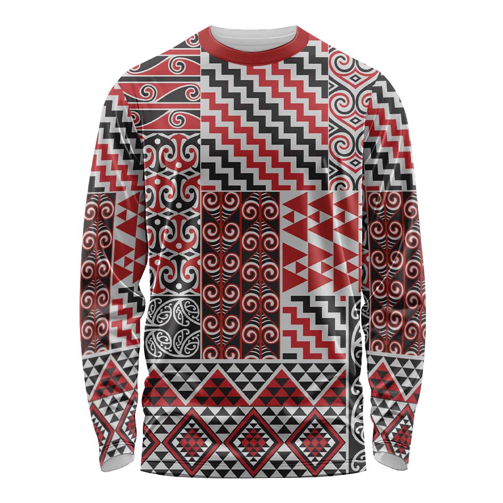 Aotearoa Kowhaiwhai Taniko Patchwork Motifs Long Sleeve Shirt LT9 Unisex Red - Polynesian Pride