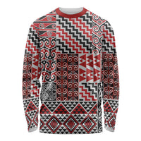 Aotearoa Kowhaiwhai Taniko Patchwork Motifs Long Sleeve Shirt LT9 Unisex Red - Polynesian Pride