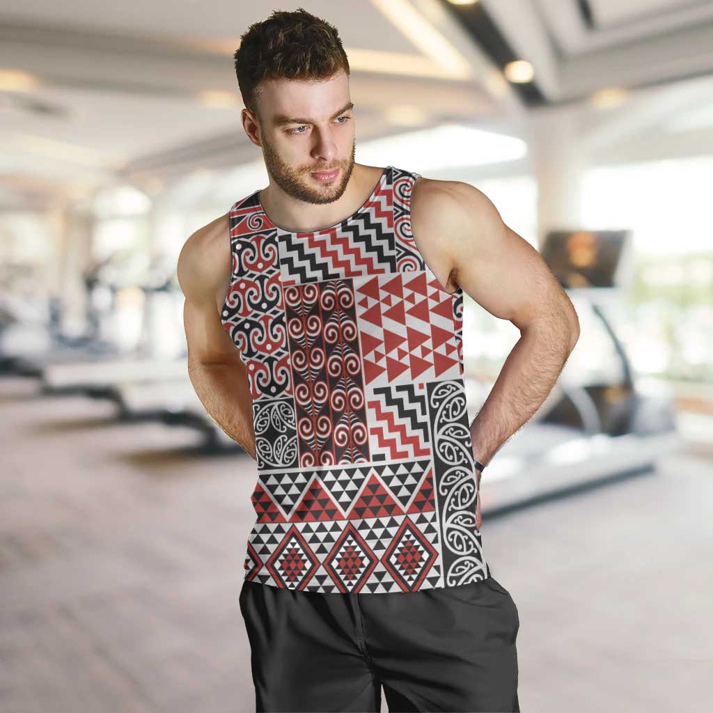 Aotearoa Kowhaiwhai Taniko Patchwork Motifs Men Tank Top LT9 Red - Polynesian Pride