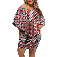 Aotearoa Kowhaiwhai Taniko Patchwork Motifs Off Shoulder Short Dress LT9 Women Red - Polynesian Pride