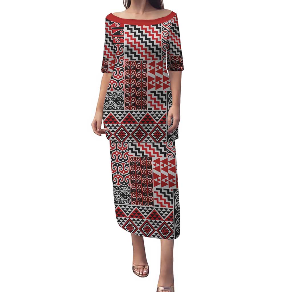 Aotearoa Kowhaiwhai Taniko Patchwork Motifs Puletasi LT9 Long Dress Red - Polynesian Pride