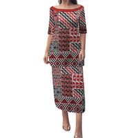 Aotearoa Kowhaiwhai Taniko Patchwork Motifs Puletasi LT9 Long Dress Red - Polynesian Pride