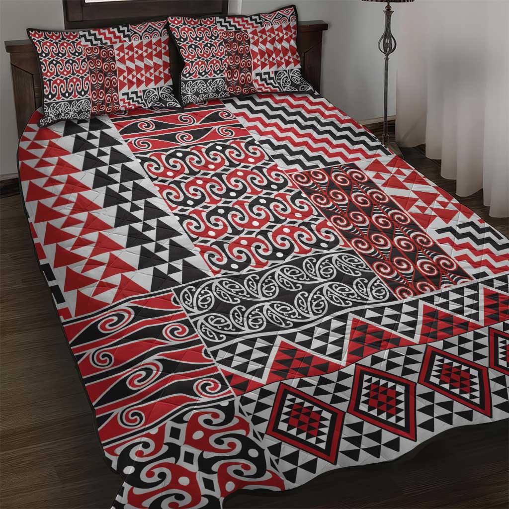 Aotearoa Kowhaiwhai Taniko Patchwork Motifs Quilt Bed Set LT9 Red - Polynesian Pride