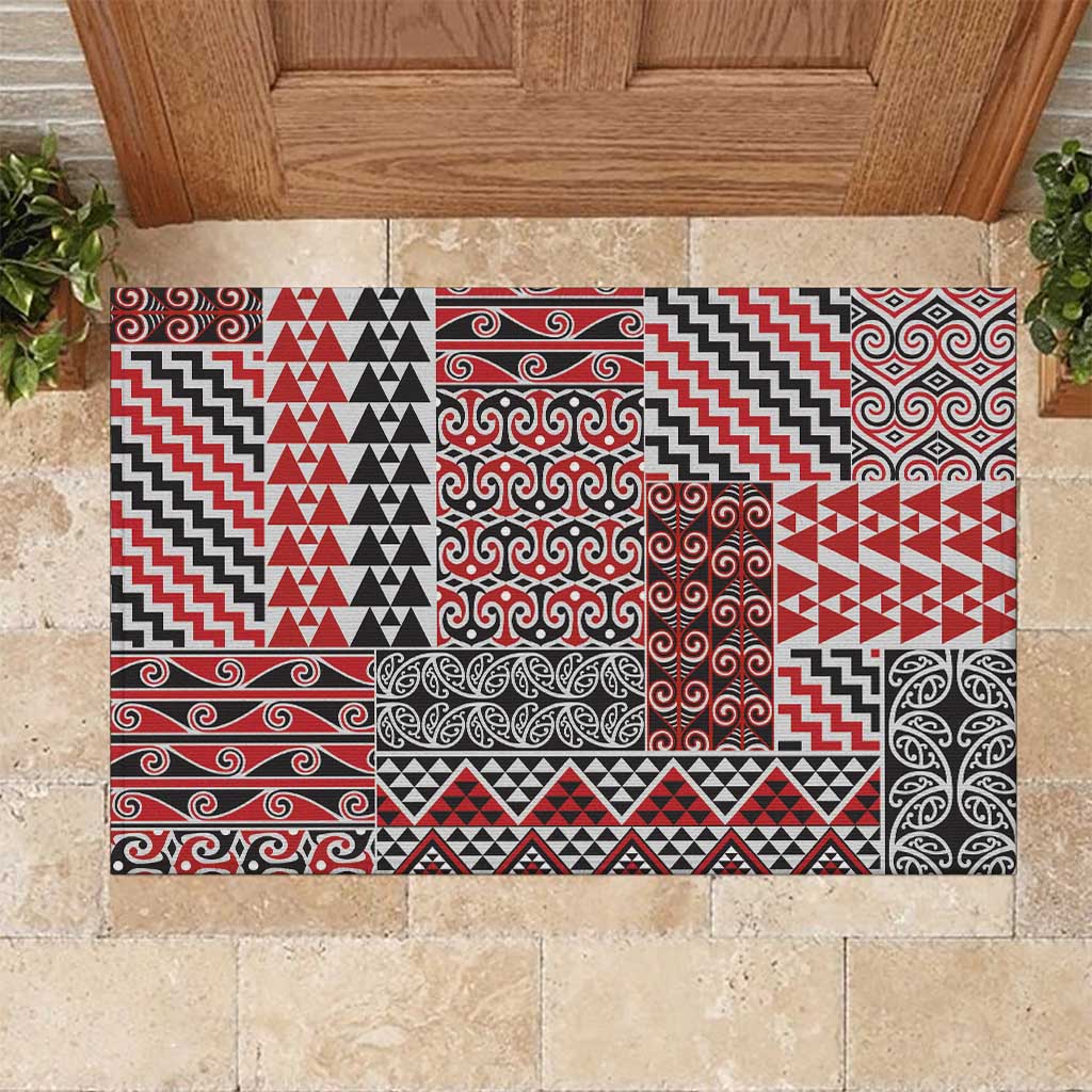 Aotearoa Kowhaiwhai Taniko Patchwork Motifs Rubber Doormat LT9 Red - Polynesian Pride