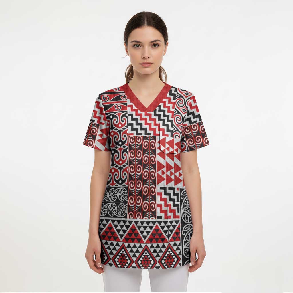 Aotearoa Kowhaiwhai Taniko Patchwork Motifs Scrub Top - Polynesian Pride