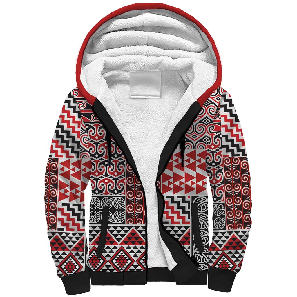 Aotearoa Kowhaiwhai Taniko Patchwork Motifs Sherpa Hoodie LT9 Unisex Red - Polynesian Pride